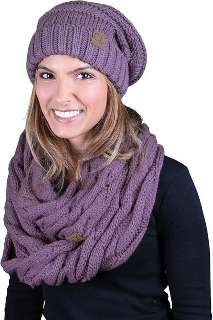4784 Matching 2 Pack Oversized Beanie & Scarf Set Bundle - Violet